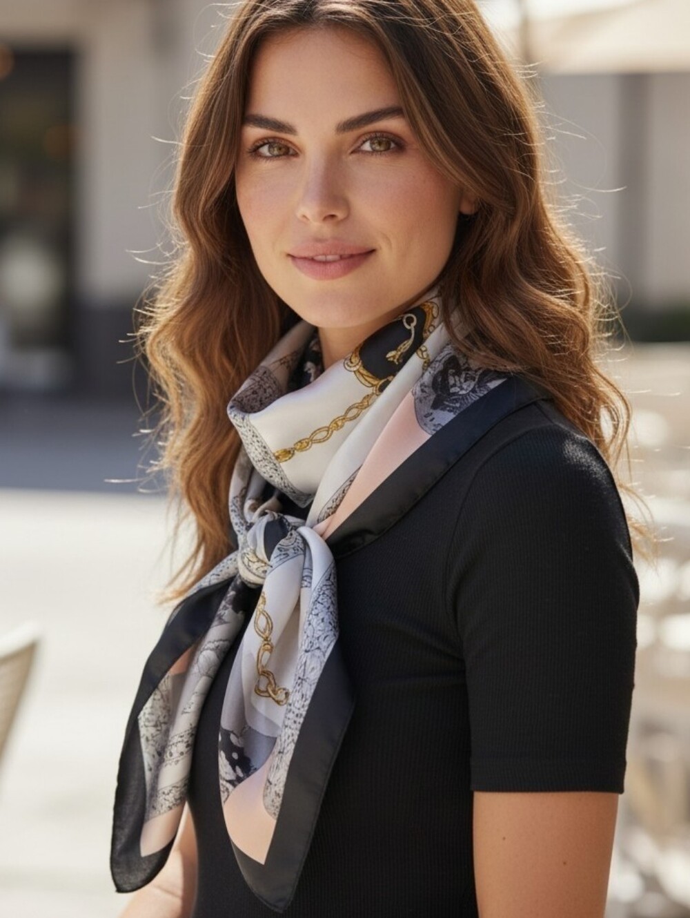 Elegant Silky Chain-Print Women's Scarf - Black, White & Peach